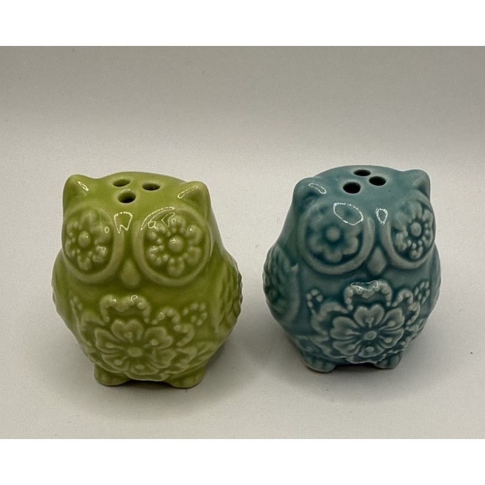 Owl Salt & Pepper Shakers Ceramic Boho Reto Green & Retro Turquoise 1.5"